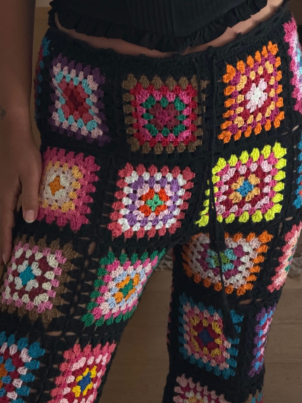 Handmade Black Crochet Granny Square Pants with Multicolor Squares